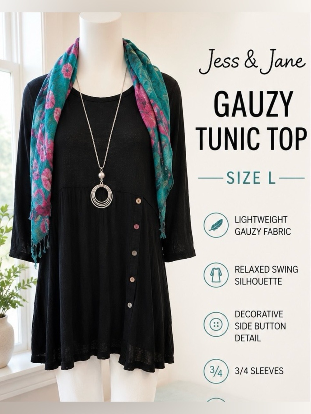 Jess & Jane Black Gauzy Tunic Top | Artsy Boutique Style | Size L